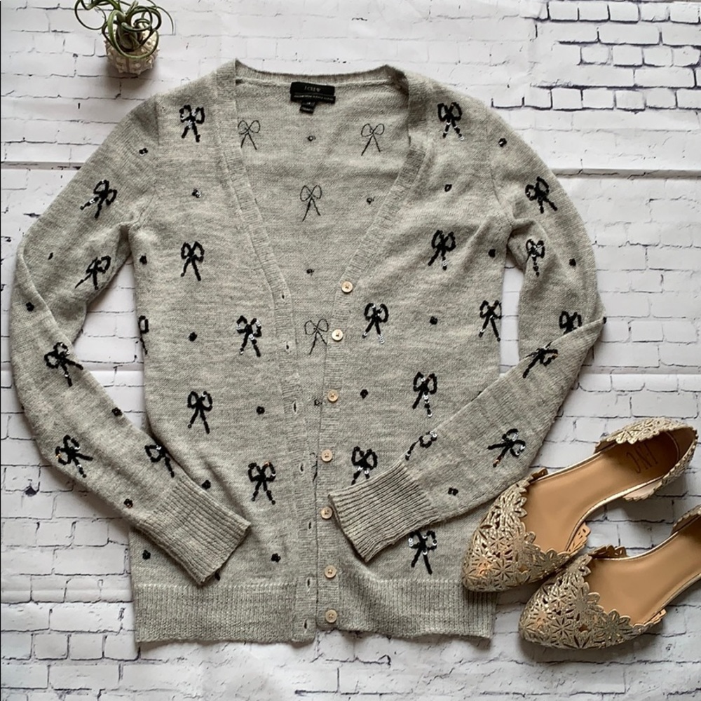 J Crew Sequin Bow Cardigan, wool blend, sz XS